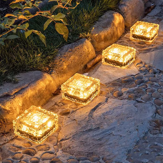 Luz de ladrillo de vidrio Solar para jardín al aire libre, impermeable, LED cuadrado, azulejo de suelo de hielo Solar, luz enterrada, cubo de hielo, rocas, luz de jardín